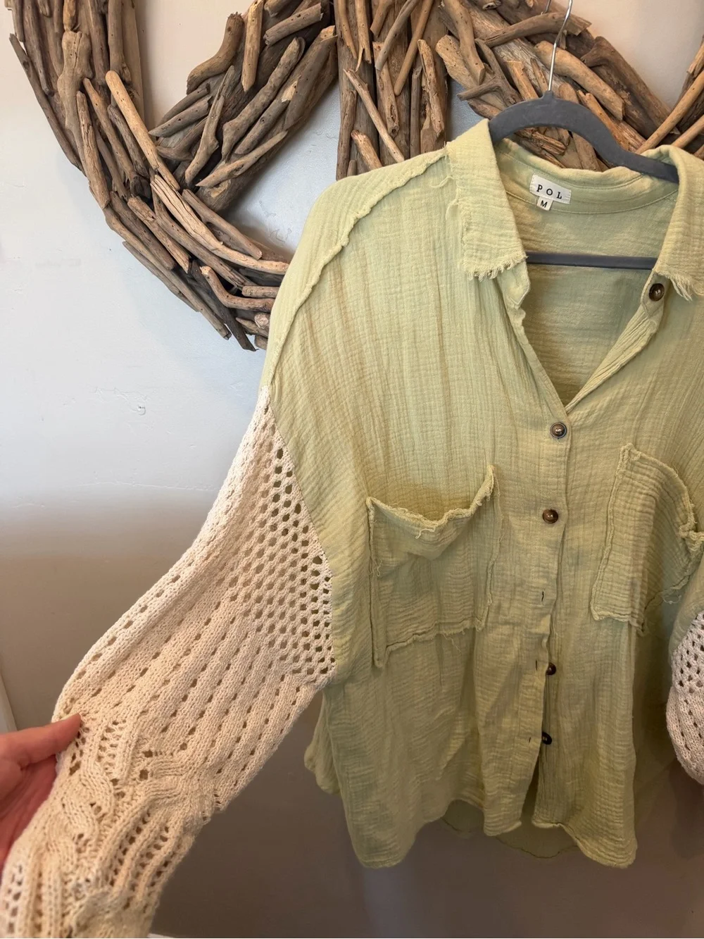 POL Light Green Gauze Button-Down Shirt with Cream Crochet Sleeves